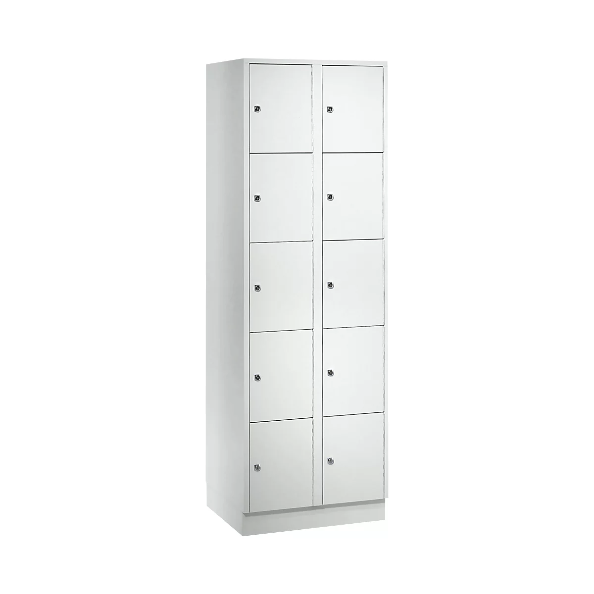 Wertfachschrank 300 mm, 2 Abteile, 10 Fächer, Sicherheitszylinderschloss, Sockel, lichtgrau