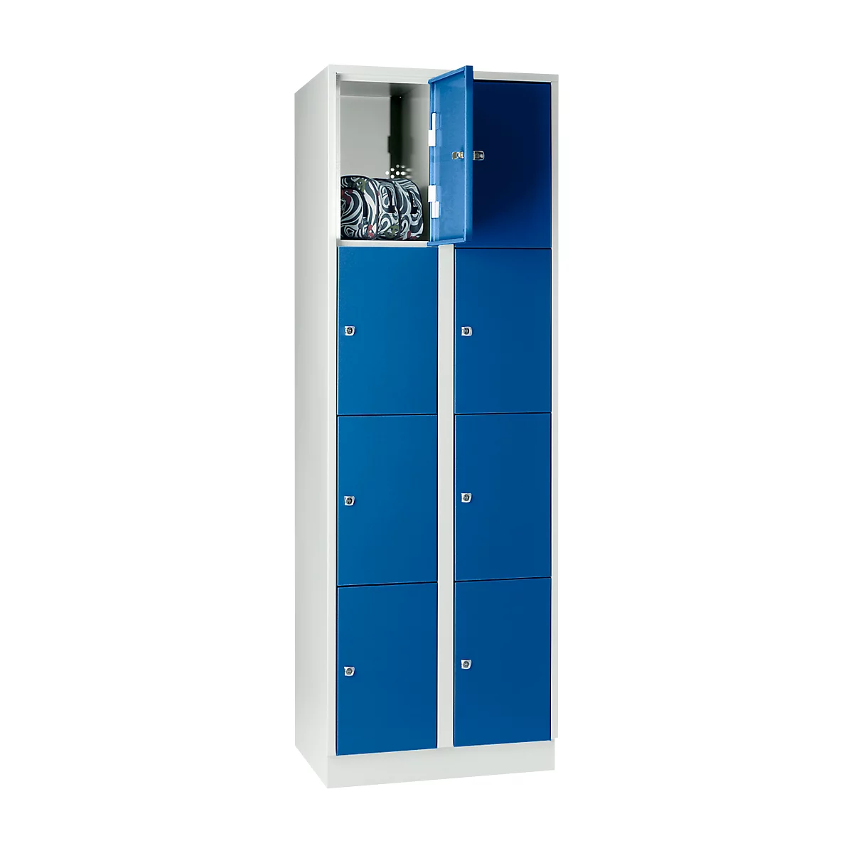 Wertfachschrank 300 mm, 2 Abteile, 8 Fächer, Sicherheitszylinderschloss, Sockel, enzianblau