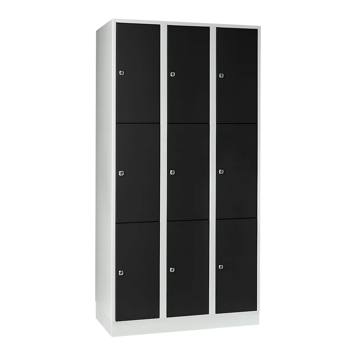 Wertfachschrank 300 mm, 3 Abteile, 9 Fächer, Sicherheitszylinderschloss, Sockel, tiefschwarz