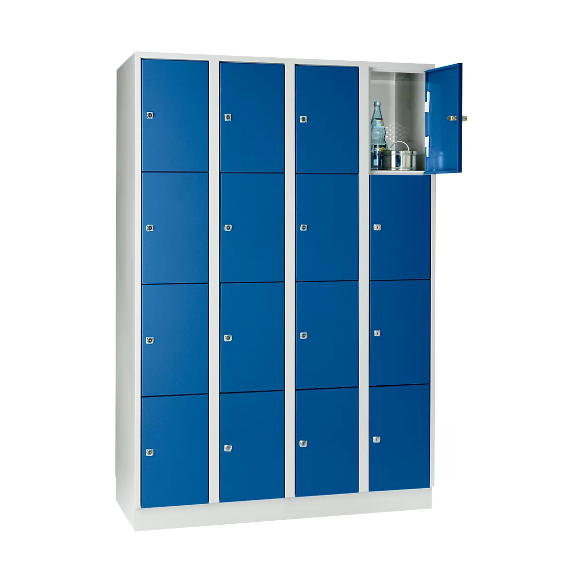 Wertfachschrank 300 mm, 4 Abteile, 16 Fächer, Sicherheitszylinderschloss, Sockel, enzianblau