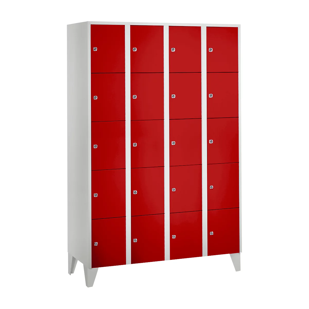 Wertfachschrank 300 mm, 4 Abteile, 20 Fächer, Sicherheitszylinderschloss, Fuß, feuerrot