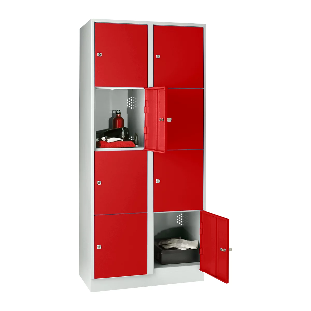 Wertfachschrank 400 mm, 2 Abteile, 8 Fächer, Sicherheitszylinderschloss, Sockel, feuerrot