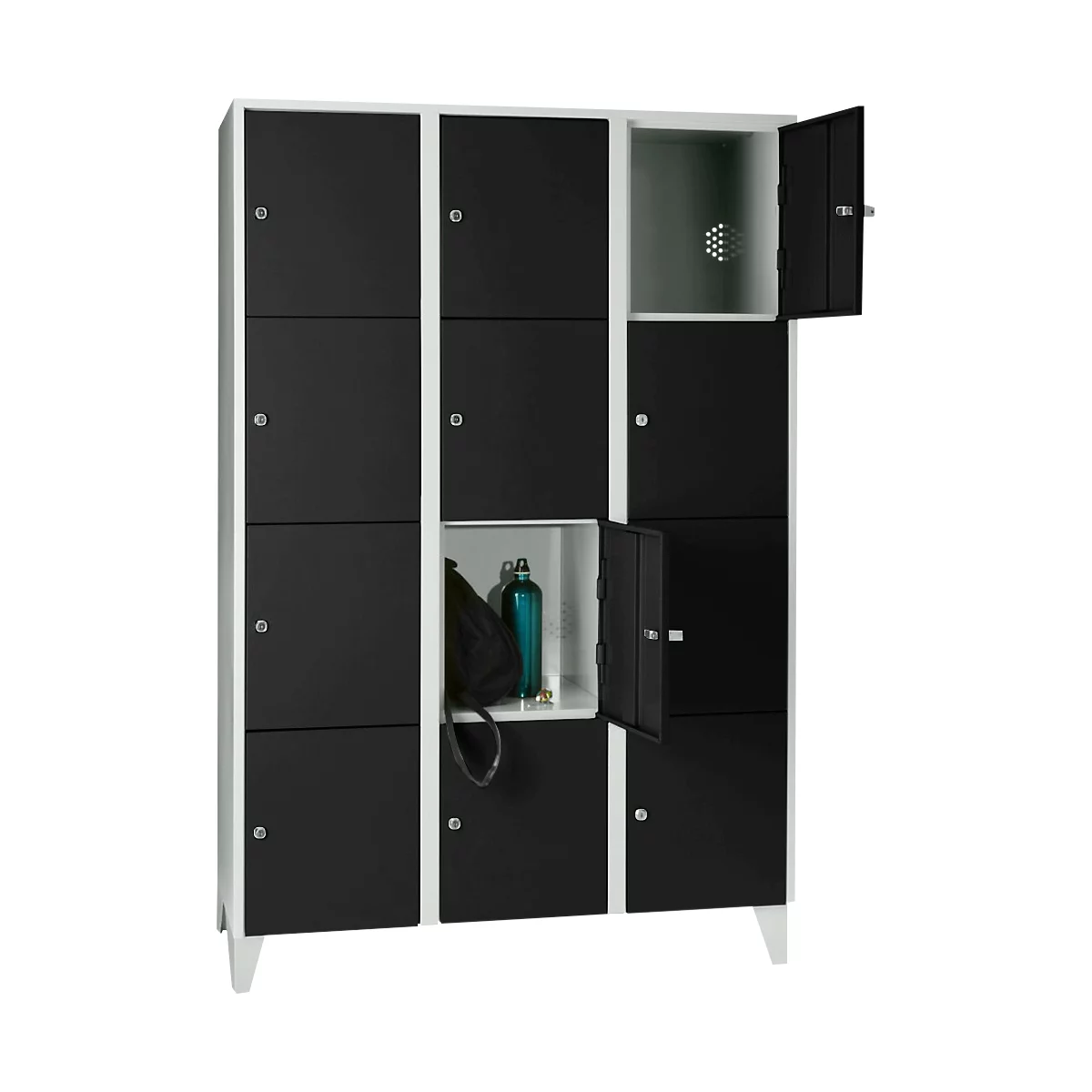 Wertfachschrank 400 mm, 3 Abteile, 12 Fächer, Sicherheitszylinderschloss, Fuß, tiefschwarz