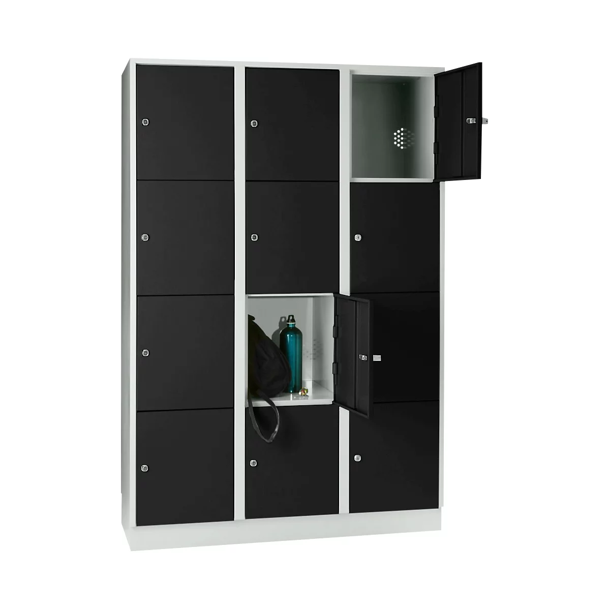 Wertfachschrank 400 mm, 3 Abteile, 12 Fächer, Sicherheitszylinderschloss, Sockel, tiefschwarz
