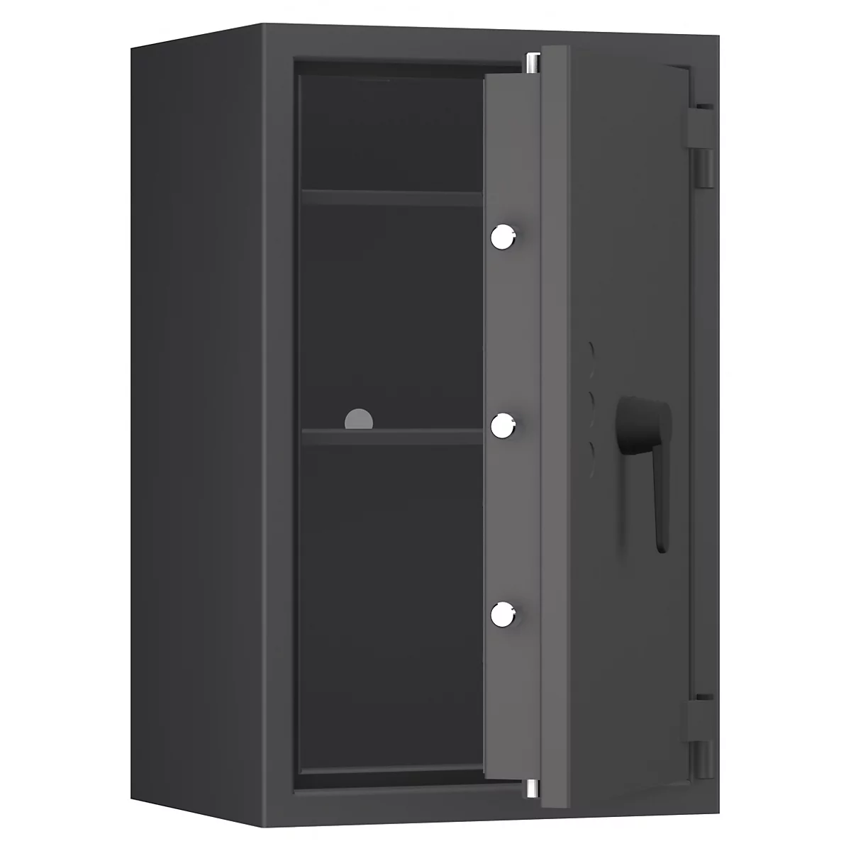 Ein grauer Tresor, Tür leicht geöffnet, dahinter zwei Einlegeböden. Das Innere ist dunkel.