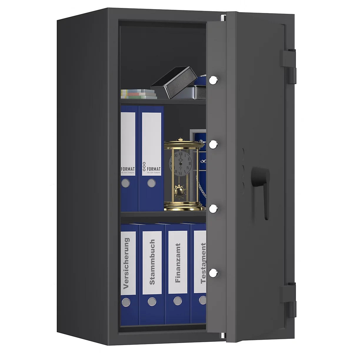 Grauer Tresor, halb geöffnet. Im Inneren befinden sich Ordner und eine goldene Uhr.