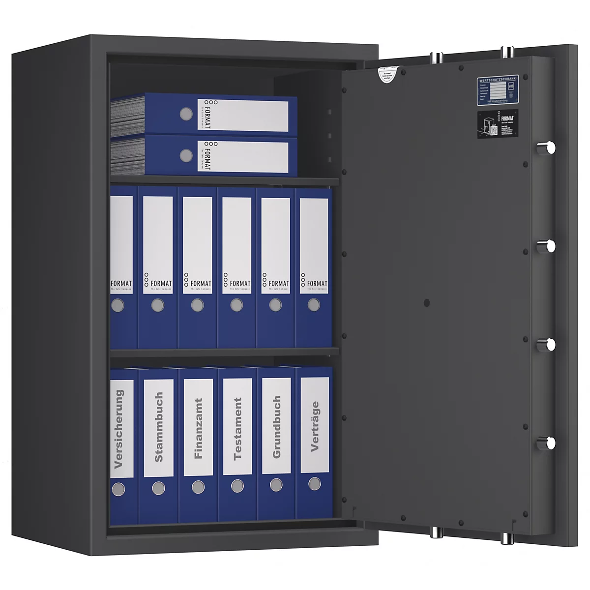 Grauer Tresor, offen, mit blauen Ordnern. Auf den Ordnern stehen die Begriffe Versicherung, Stammbuch, Finanzamt, Testament, Grundbuch und Verträge.