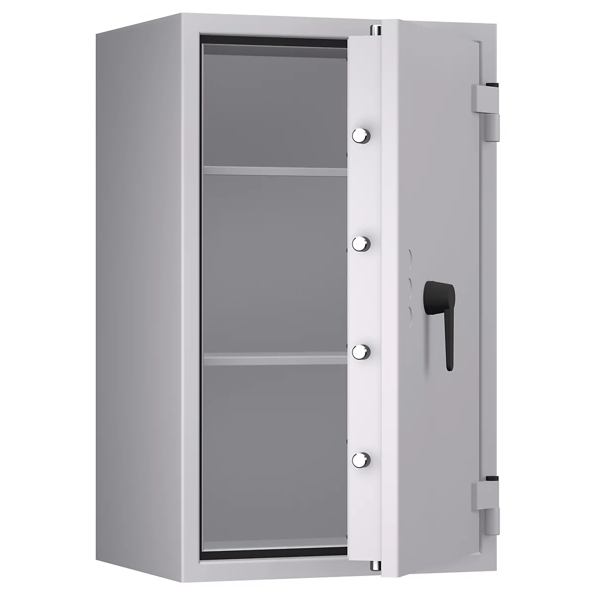 Ein geöffneter, grauer Tresor mit drei Regalböden. Die Tür ist geöffnet und zeigt die Innenausstattung. Schwarzer Griff und silberne Verschlüsse.