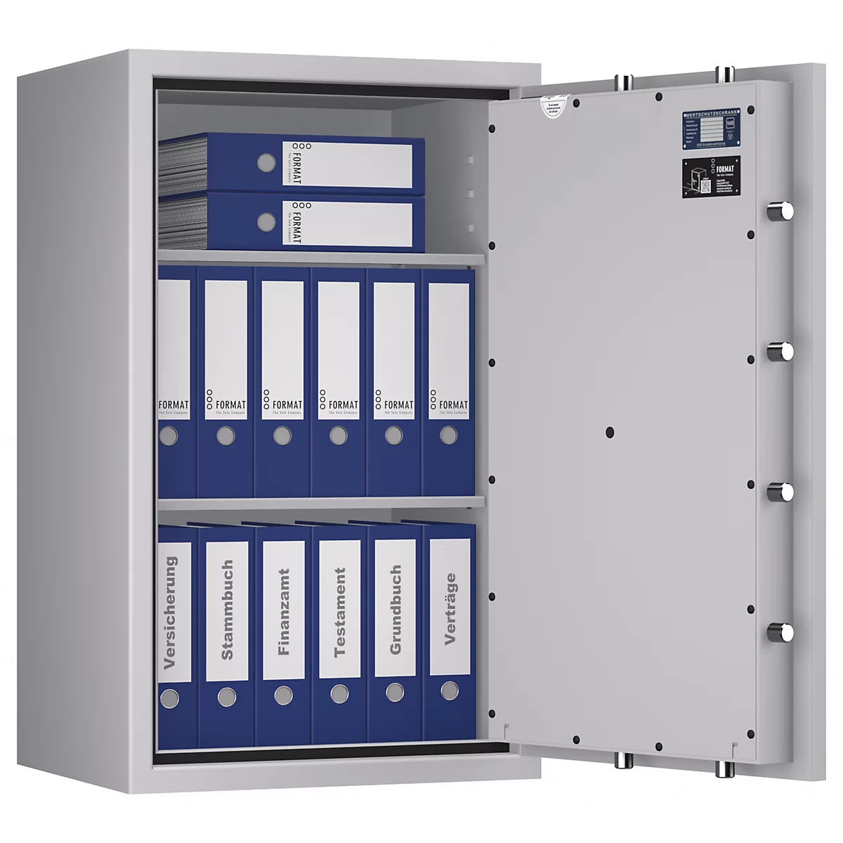 Offener Tresor mit Aktenordnern, Tür leicht geöffnet. Blaue Ordner mit Beschriftungen.