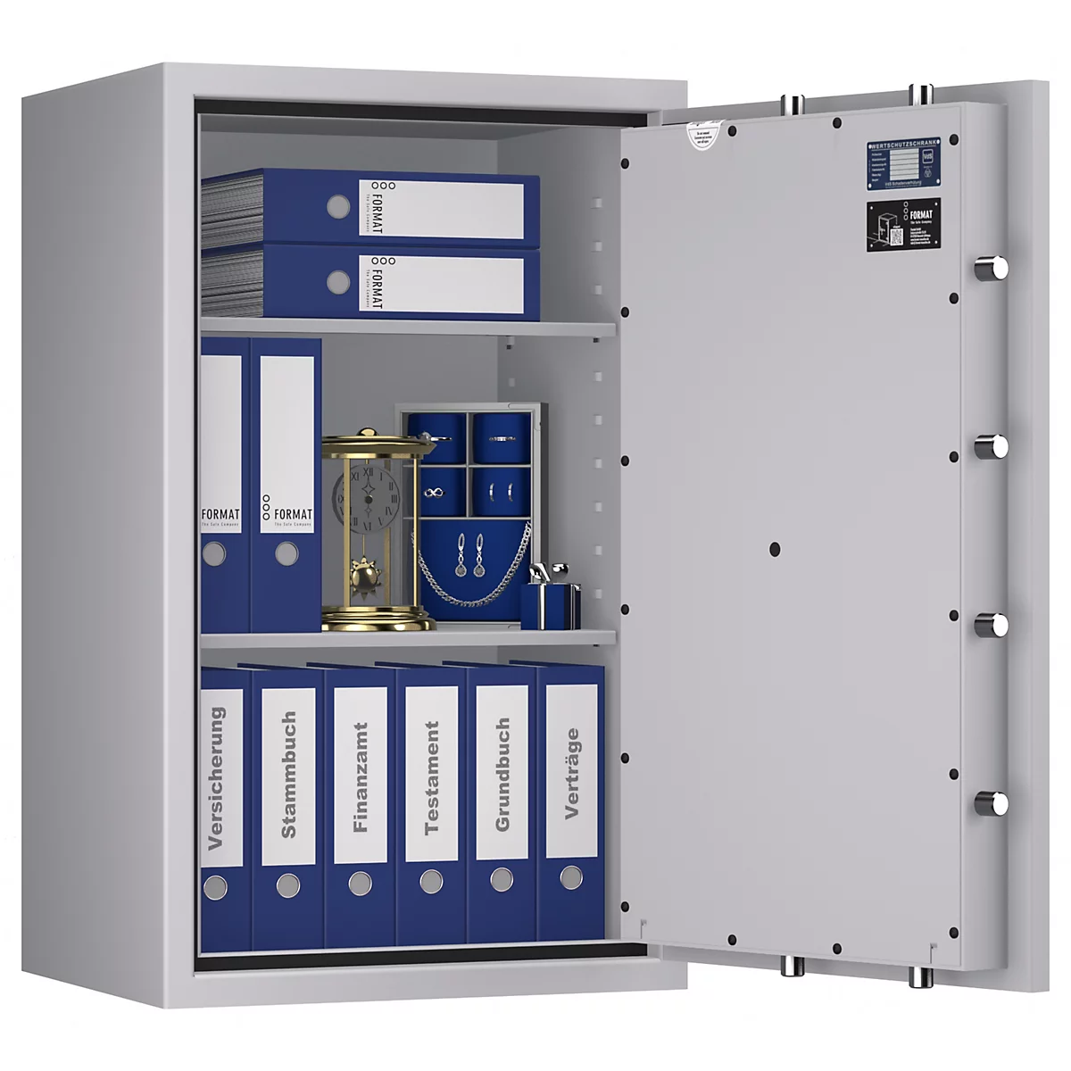 Offener Tresor mit Aktenordnern und Wertgegenständen, darunter eine Uhr, Schmuck und Dokumente.
