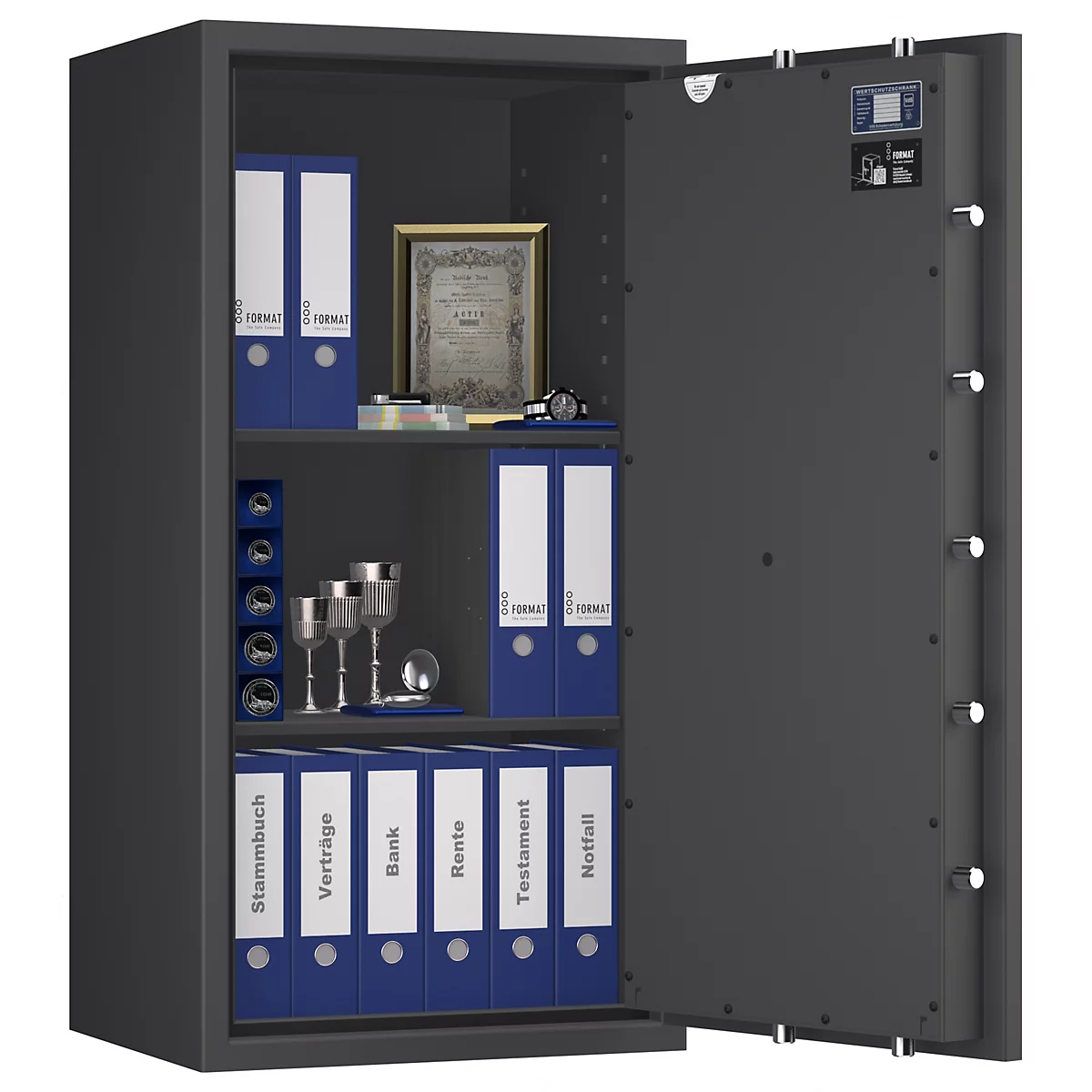 Grauer Tresor, offene Tür, gefüllt mit Ordnern und Wertgegenständen. Beschriftung der Ordner: Stammbuch, Verträge, Bank, Rente, Testament, Notfall.