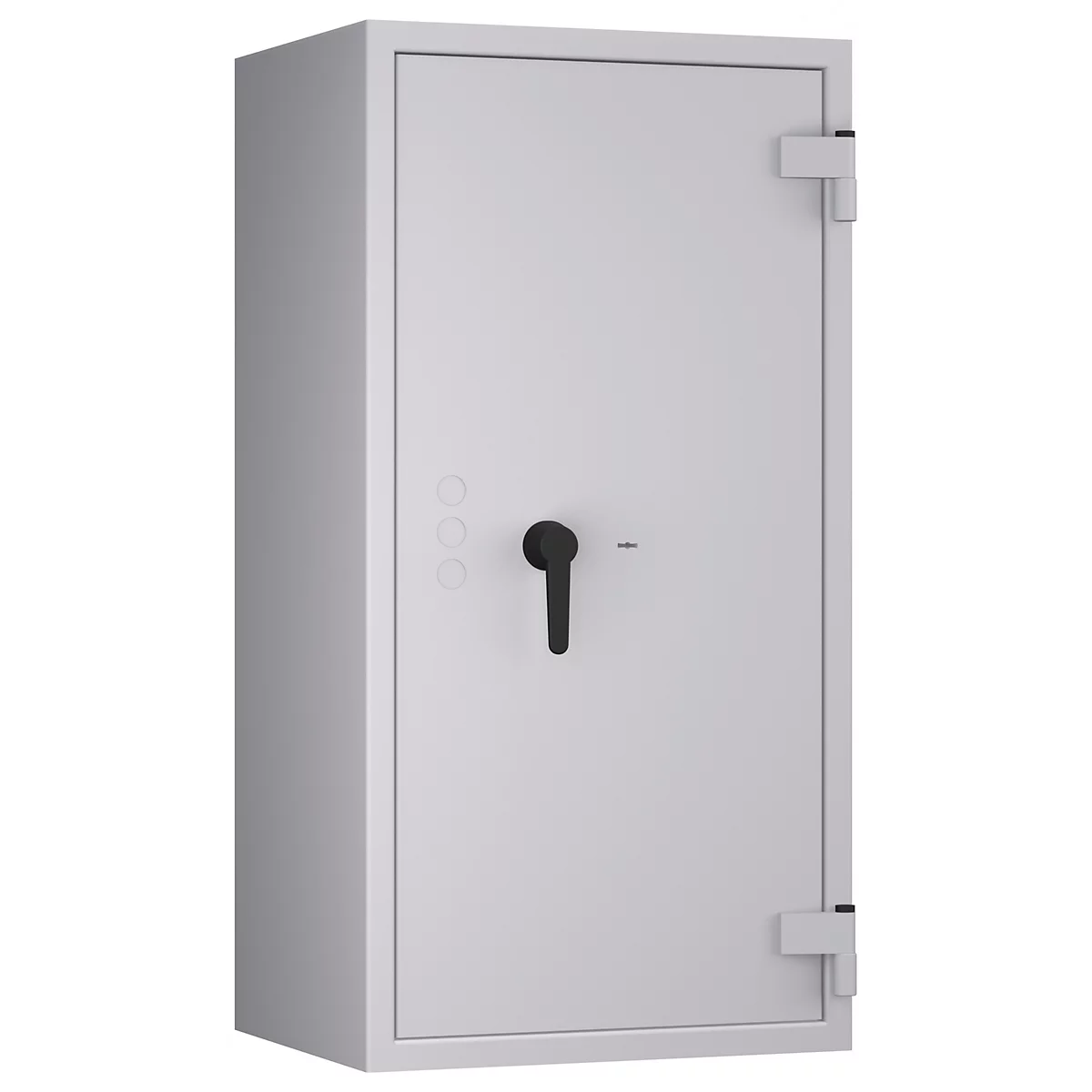 Grauer Tresor vor weißem Hintergrund. Schwarzer Griff und Scharniere.