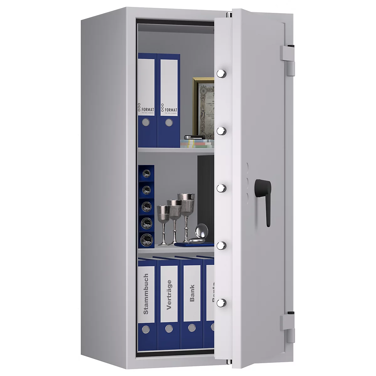 Grauer Tresor, halb geöffnet, gefüllt mit Aktenordnern und anderen Gegenständen.