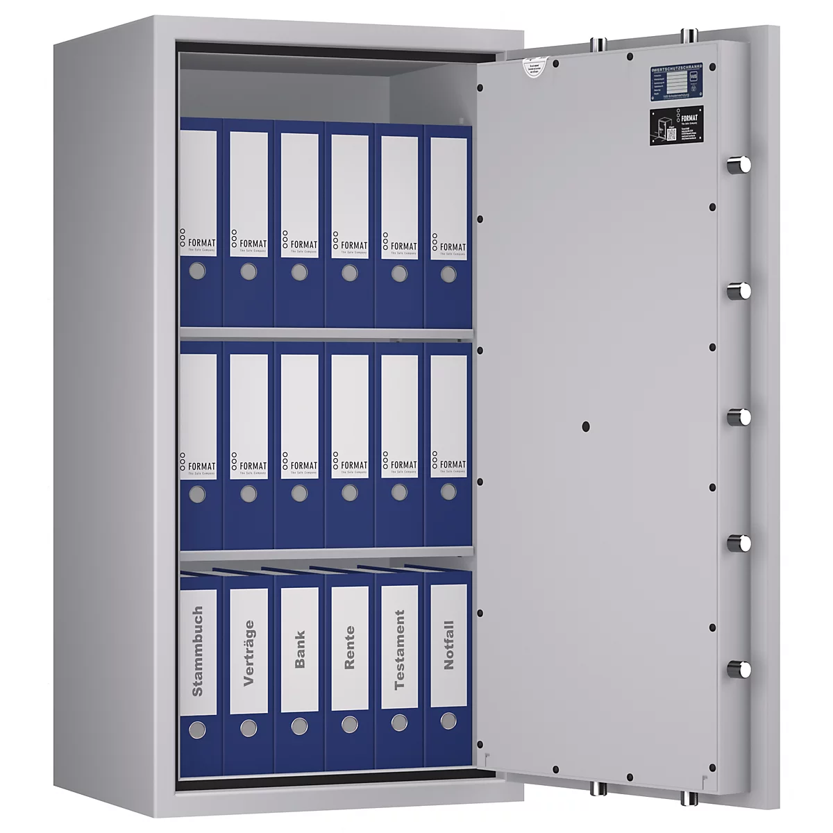 Ein geöffneter Tresor mit blauen Ordnern. Auf den Ordnern stehen: Stammbuch, Verträge, Bank, Rente, Testament, Notfall.