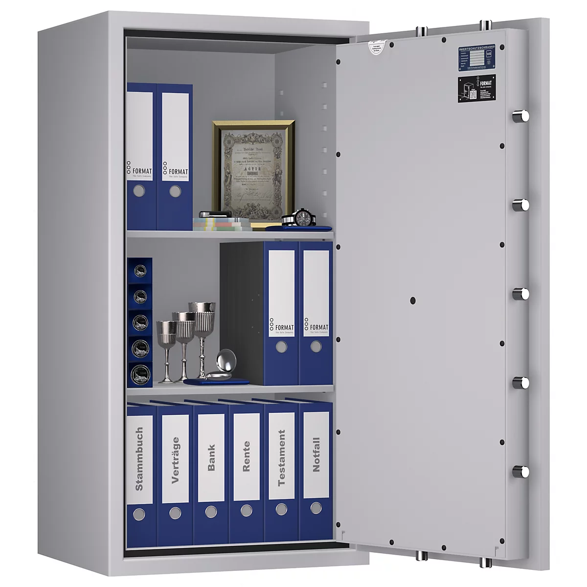 Grauer Tresor, offene Tür, blau-weiße Ordner, Goldrahmen, Gläser.
