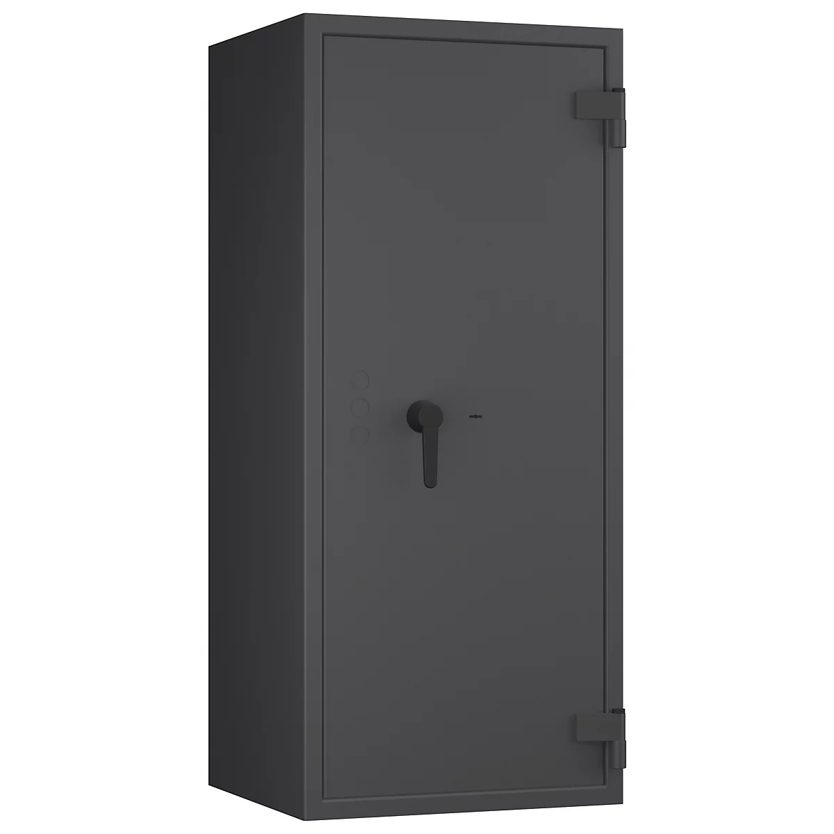Ein dunkler, grauer Tresor mit einem Griff und Scharnieren an der Tür.