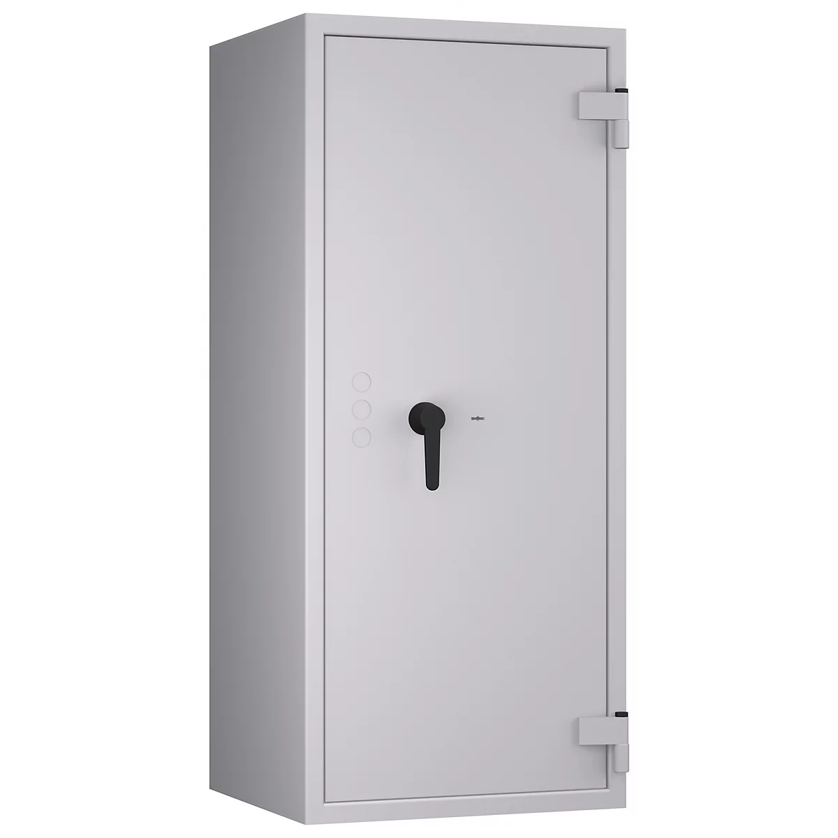 Grauer Tresor vor weißem Hintergrund. Schwarzer Griff und Scharniere.