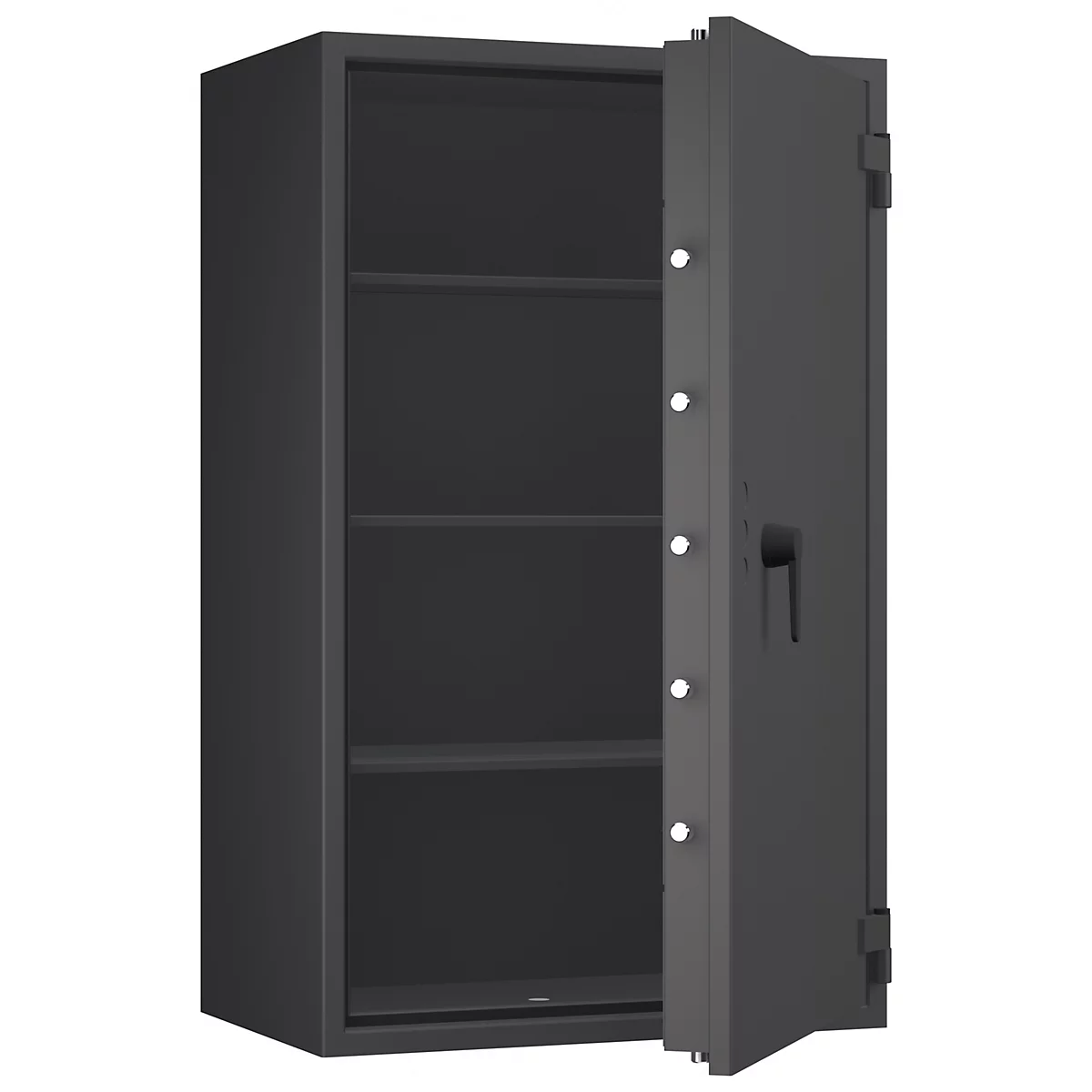 Grauer Tresor, halb geöffnet. Innen mit drei Regalböden, Tür mit Griff und weißen Befestigungen.