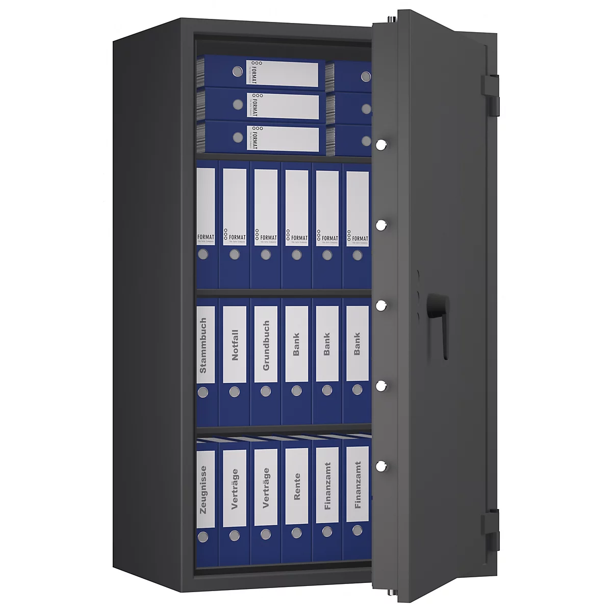 Ein geöffneter, grauer Tresor mit blauen Ordnern. Einige Ordner haben weiße Beschriftungen mit deutschen Begriffen.