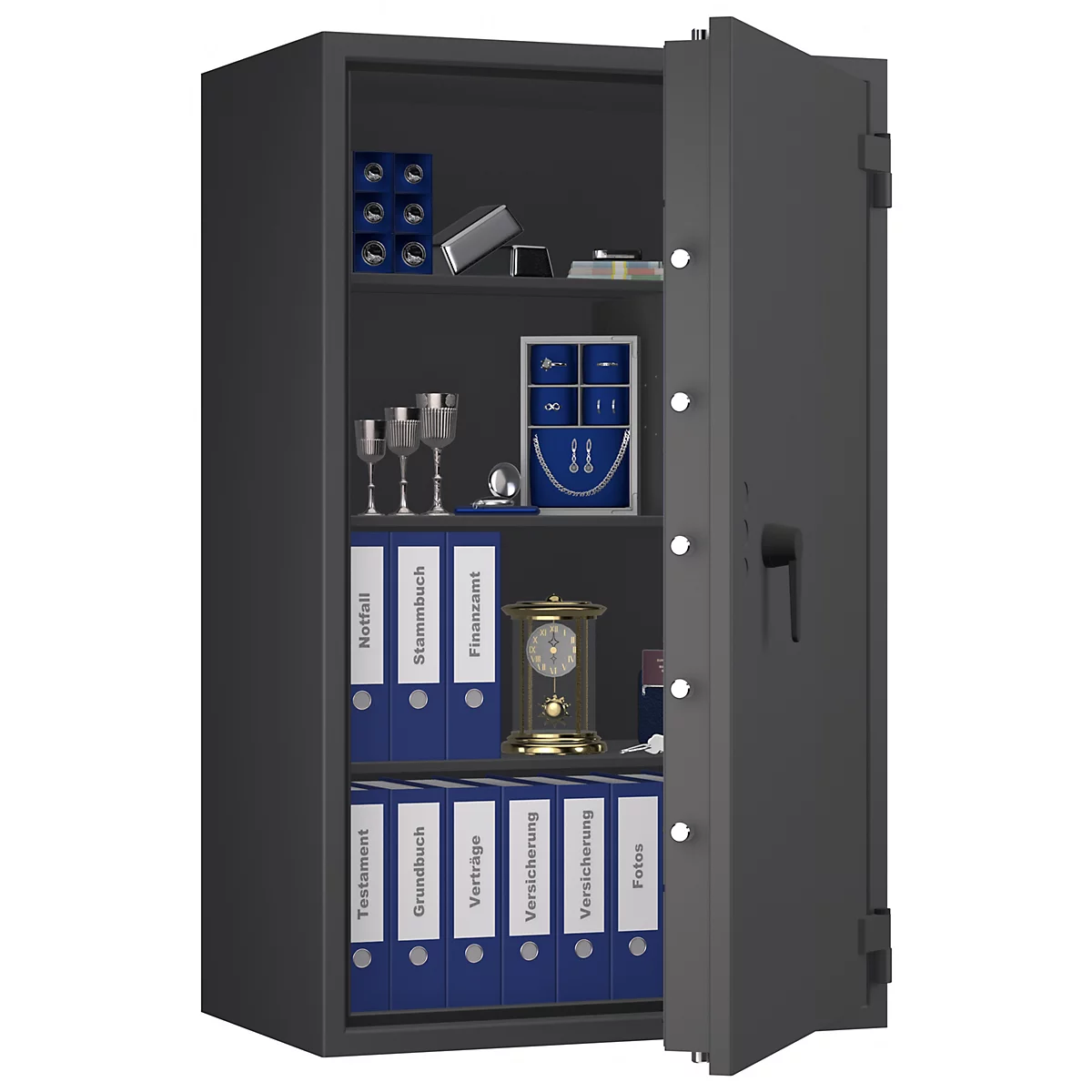 Ein geöffneter Tresor mit verschiedenen Gegenständen, wie Aktenordnern und Schmuck. Die Tür ist geöffnet.