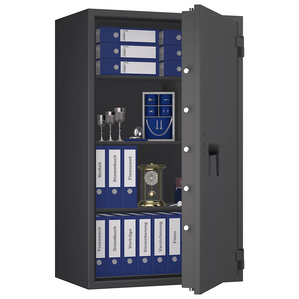 Grauer Tresor mit geöffneter Tür, gefüllt mit Ordnern, Gläsern und einer Uhr.
