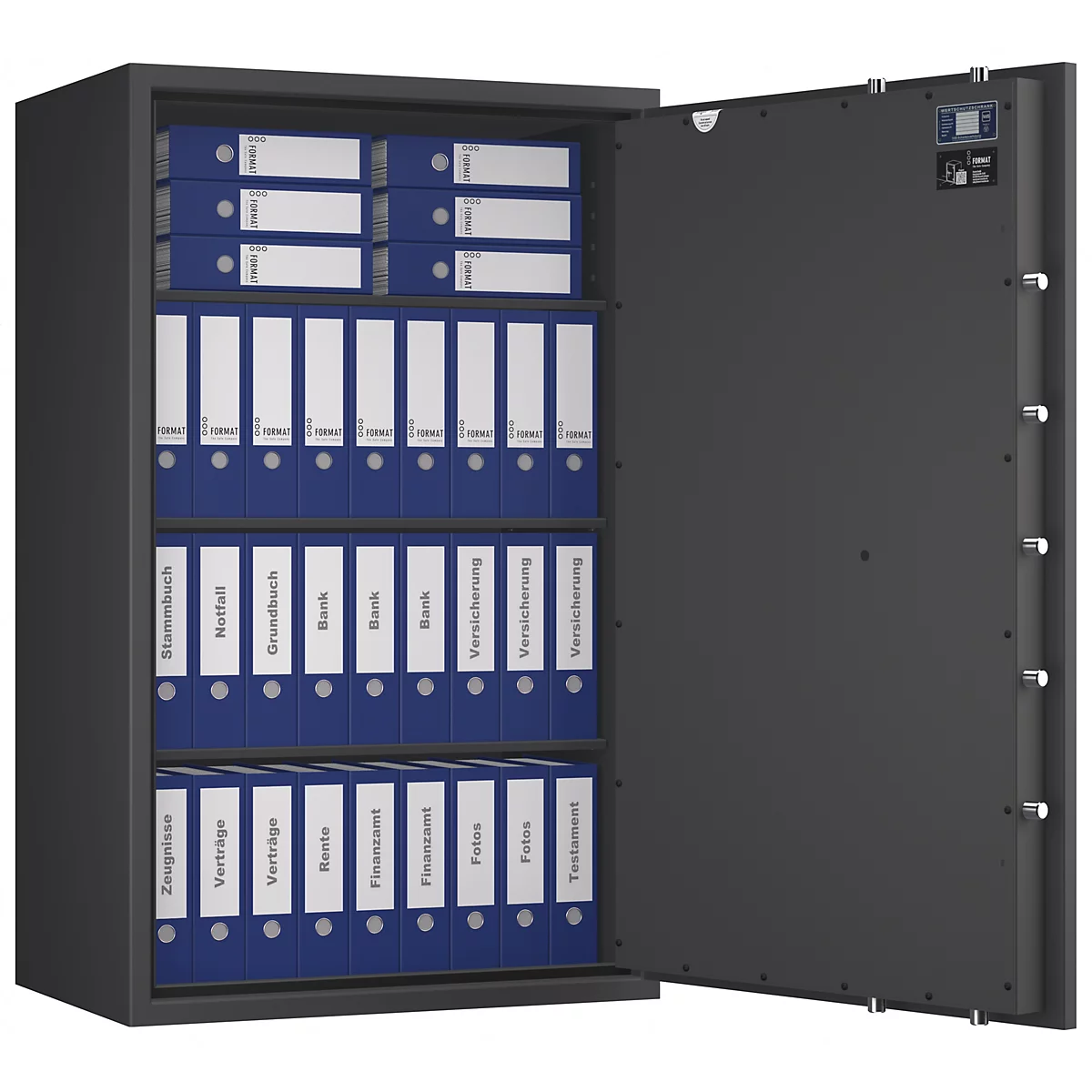 Ein geöffneter, grauer Tresor mit blauen Ordnern. Einige Ordner sind beschriftet, z.B. „Versicherung“. Auf der Innenseite der Tür ist ein Bedienfeld.