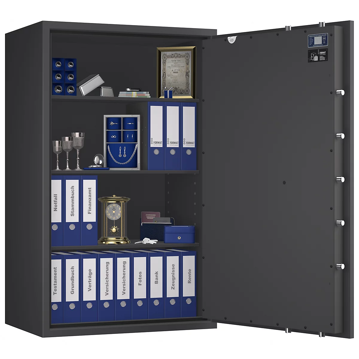 Offener Panzerschrank mit Aktenordnern, Urkunden und Schmuck, in einer dunklen Umgebung.