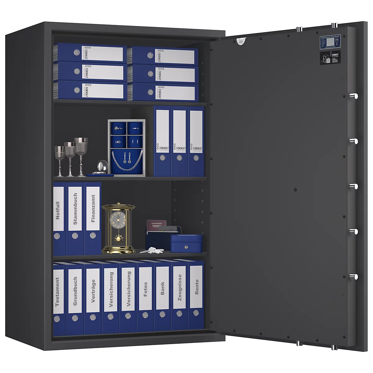 Geöffnete schwarze Tresortür mit Aktenordnern, Schmuck und Uhr. Beschriftungen: Testament, Grundbuch, Vorträge, Versicherung, etc.