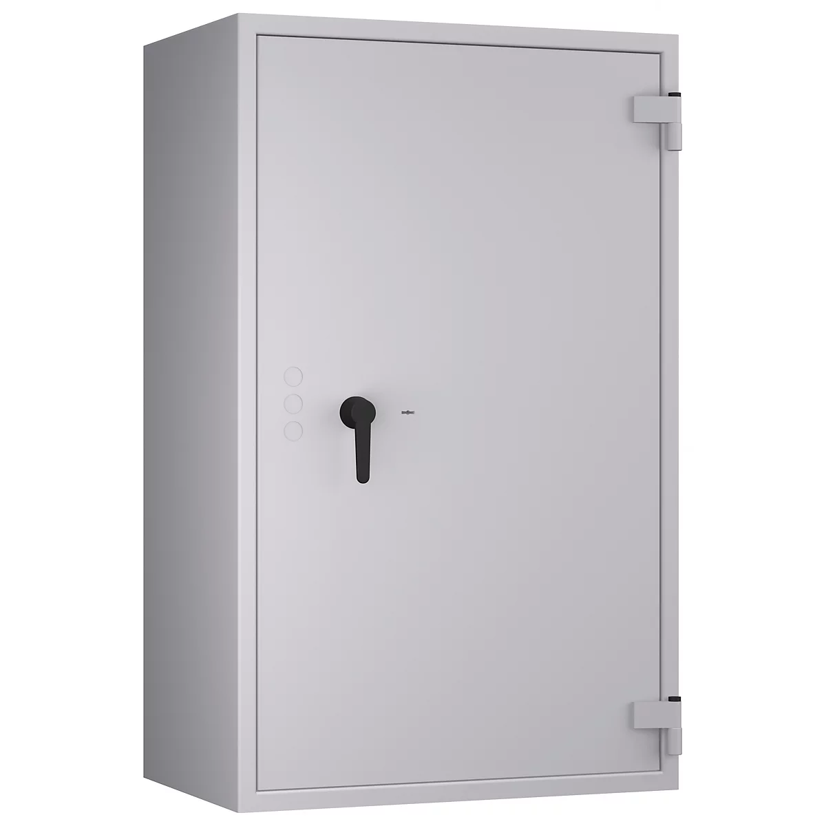 Grauer Tresor vor neutralem Hintergrund. Schwarzer Griff und drei Knöpfe auf der linken Seite. Tür mit Scharnieren auf der rechten Seite.