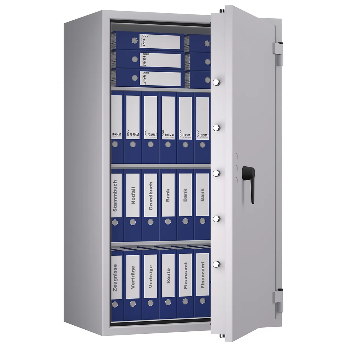 Grauer Tresor mit geöffneter Tür, gefüllt mit blauen Ordnern. Auf den Ordnern stehen Begriffe wie "Verträge" oder "Bank".