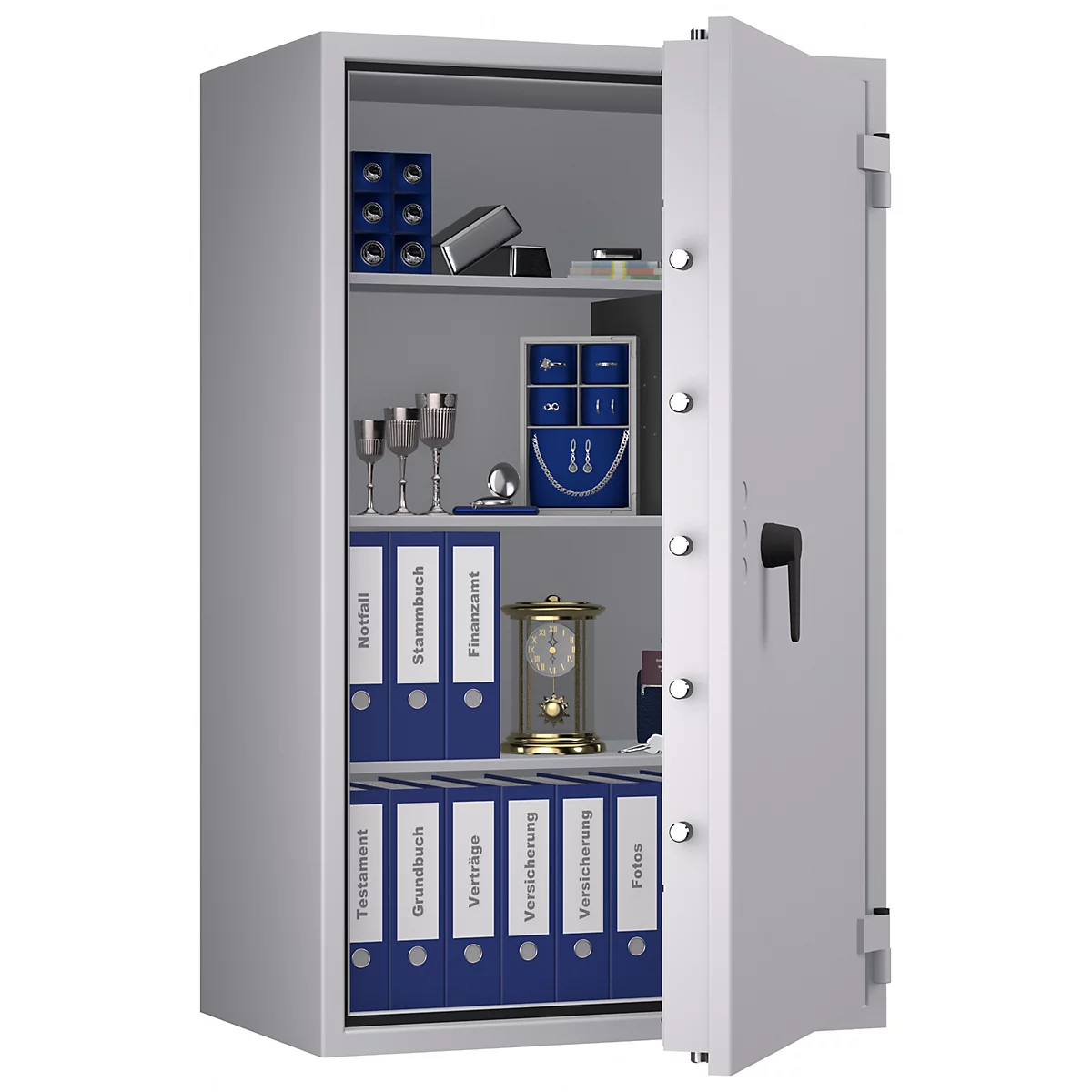 Offener Tresor mit verschiedenen Gegenständen wie Ordnern und einer Uhr, die auf den Regalen stehen.