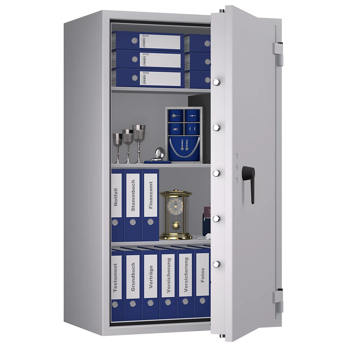 Offener Stahlschrank mit Ordnern, Akten und einer Uhr.