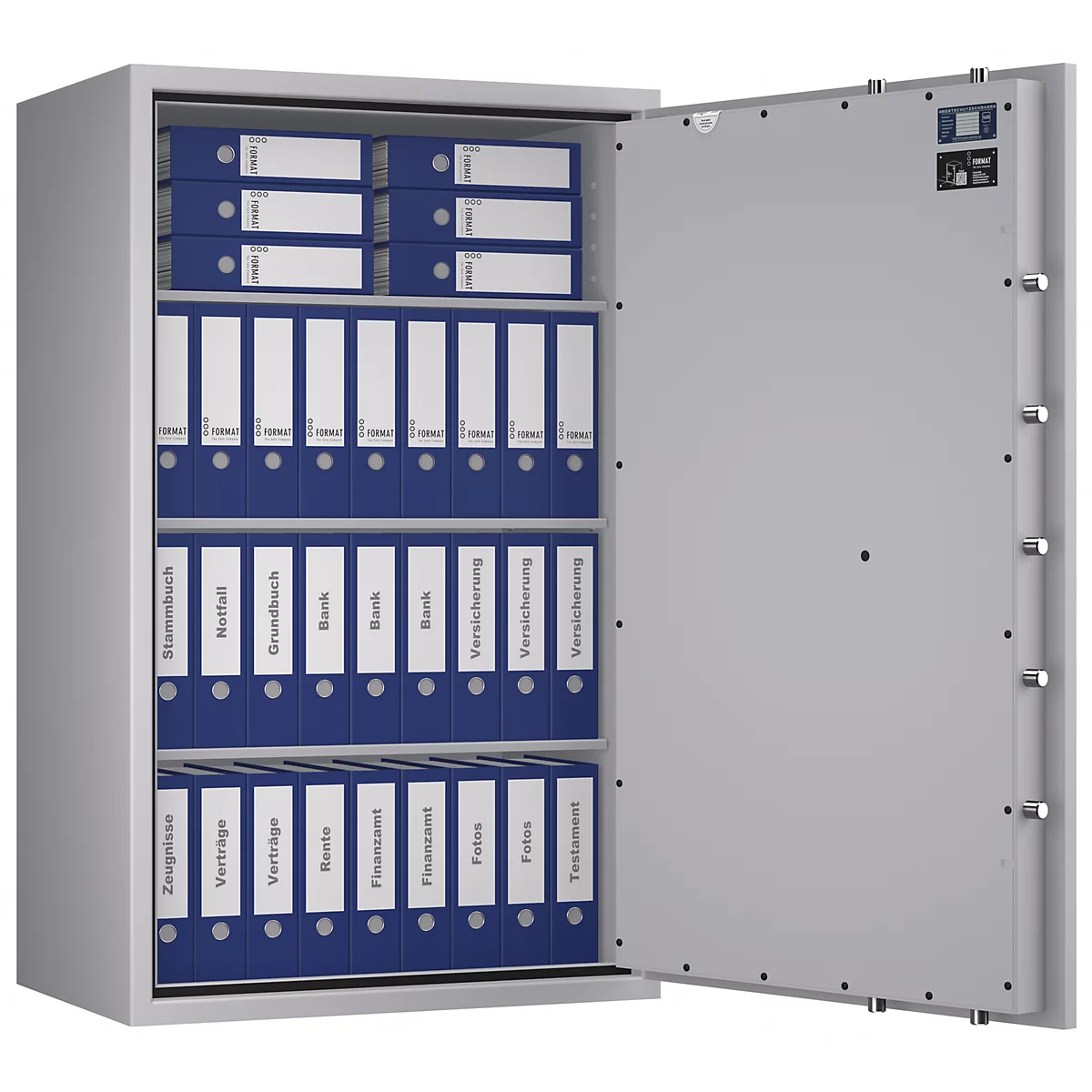 Ein geöffneter Tresor mit blauen Ordnern. Einige Ordner sind beschriftet, darunter 'Stammbuch', 'Notfall' und 'Versicherung'.