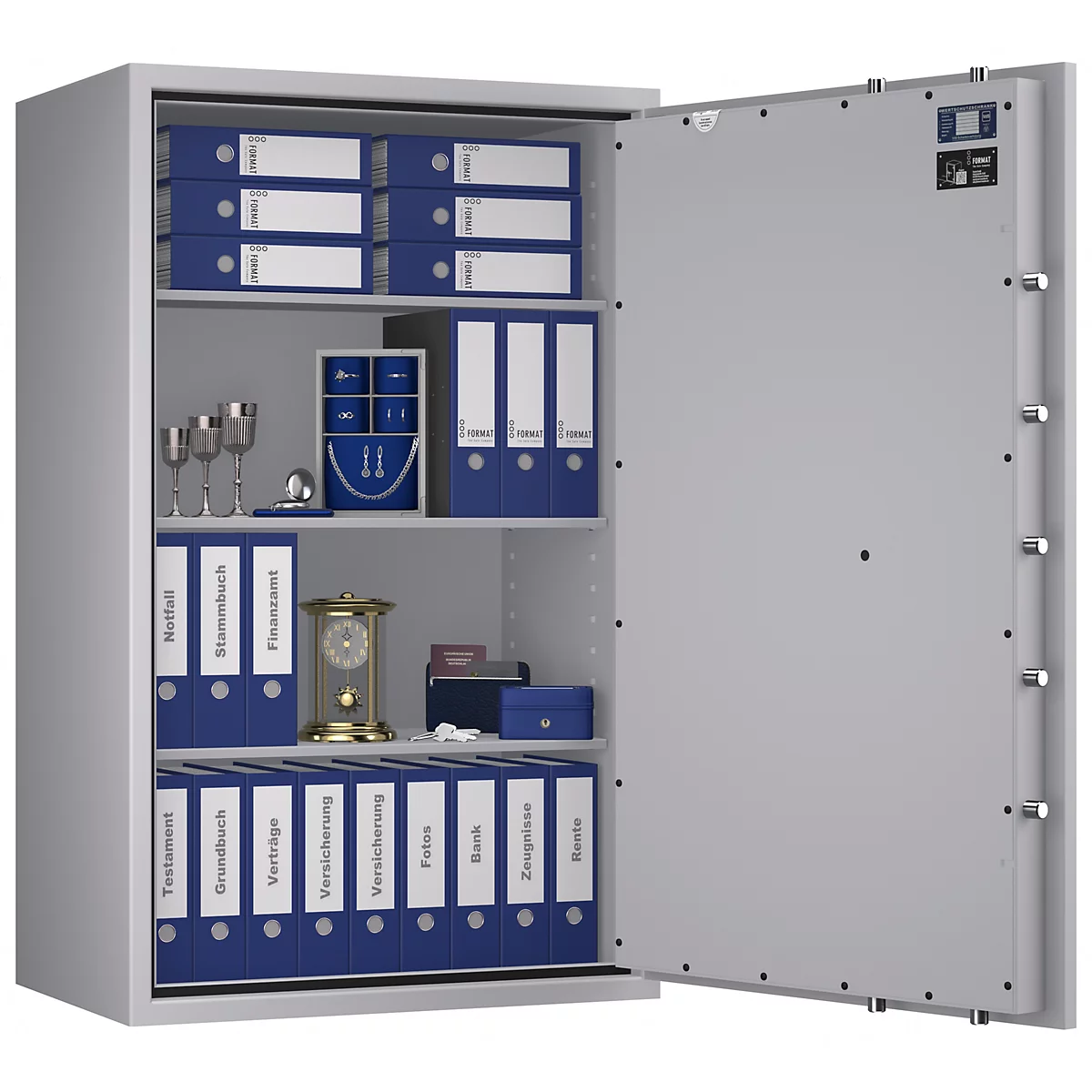 Grauer Tresor, geöffnet. In den Regalen befinden sich blaue Ordner, Schmuck, Gläser und eine Uhr.