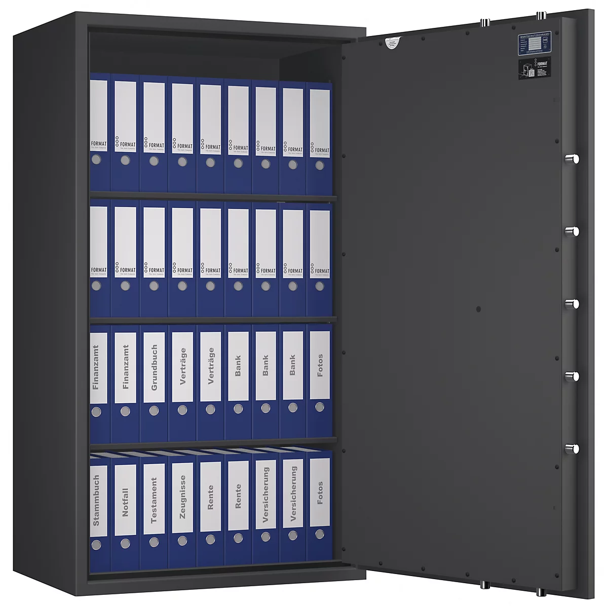 Ein geöffneter, dunkler Tresorraum mit blauen Ordnern. Auf den Ordnern stehen Begriffe wie 'Finanzamt', 'Grundbuch', 'Versicherung'.