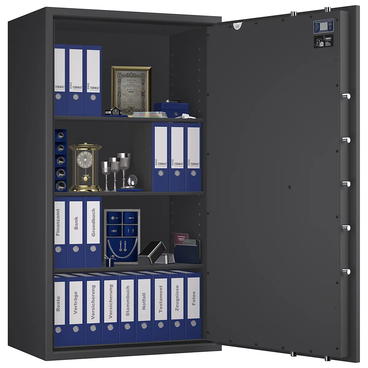 Ein geöffneter, grauer Tresor mit blauen Ordnern, einem goldenen Rahmen, einer Uhr und Silberobjekten auf den Regalen.