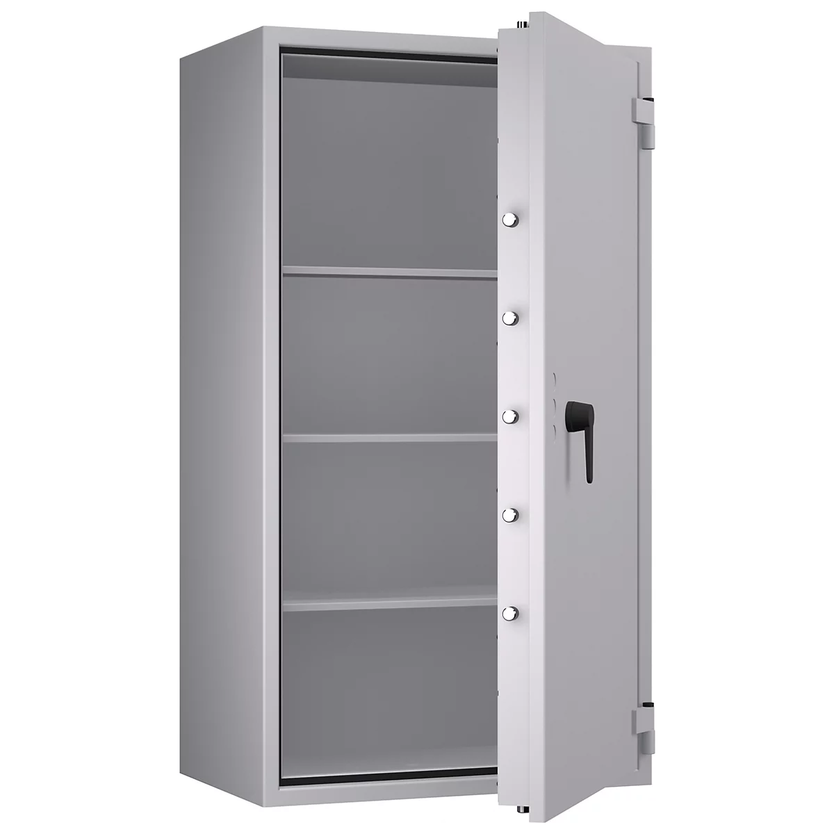 Grauer Tresor mit geöffneter Tür, Innenraum mit Einlegeböden. Schwarzer Türgriff und Scharniere.