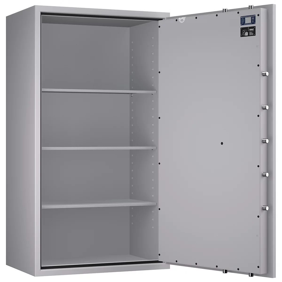 Ein geöffneter, grauer Tresor mit drei Einlegeböden. Die Tür zeigt Verschlüsse und ein Bedienfeld.