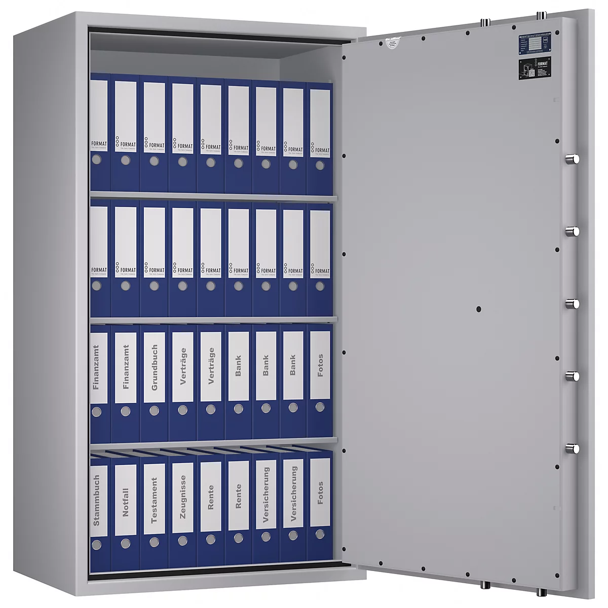 Grauer Tresor, offen, mit blauen Ordnern. Einige Ordner sind mit Etiketten wie Finanzamt, Rechnungen, etc. beschriftet.