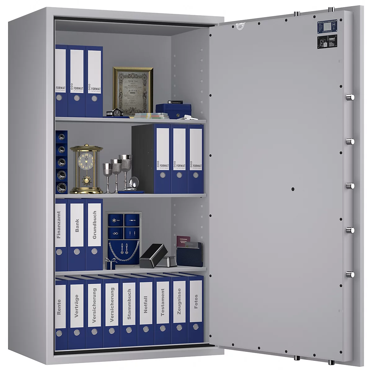 Grauer Tresor, offene Tür, gefüllt mit Ordnern, Dokumenten, Uhren und Gläsern.