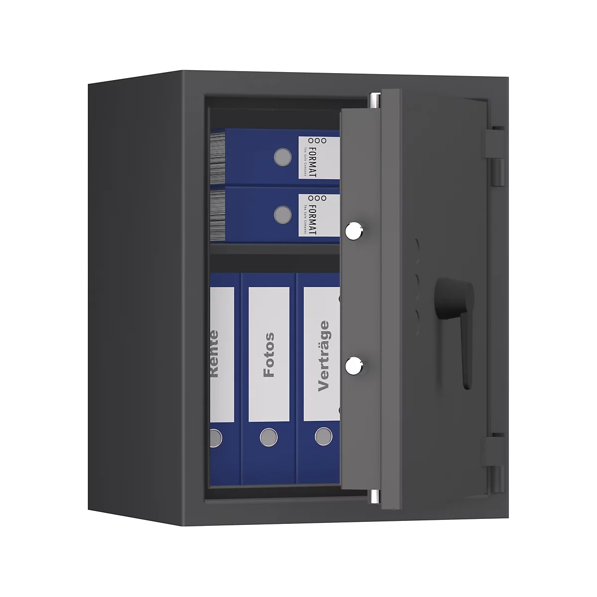 Ein geöffneter, grauer Tresor mit blauen Ordnern. Auf den Ordnern stehen die Wörter "Rente", "Fotos" und "Verträge".