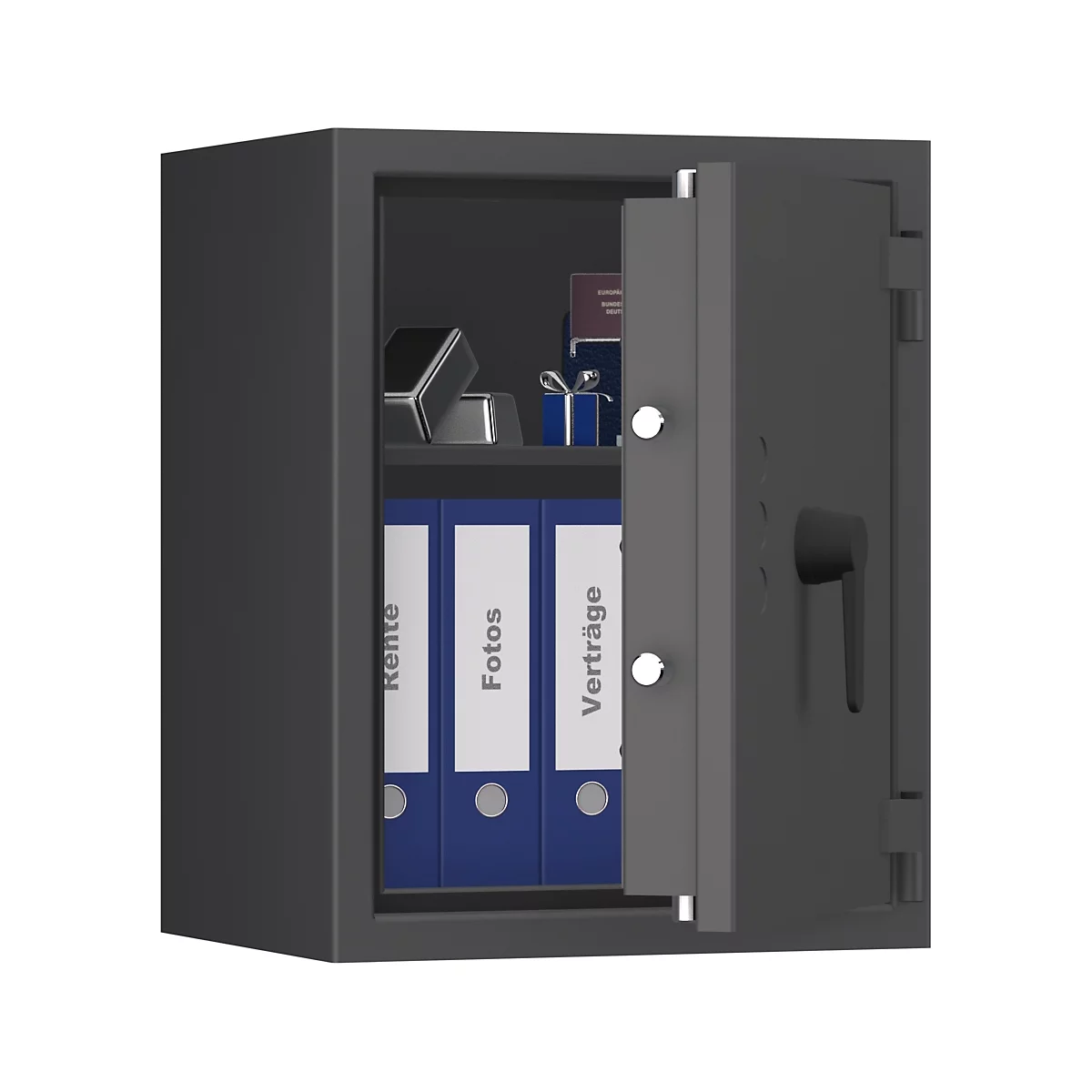 Grauer Tresor, halb geöffnet. Im Inneren: Ordner mit den Beschriftungen 'Rente', 'Fotos' und 'Verträge', sowie weitere Gegenstände.