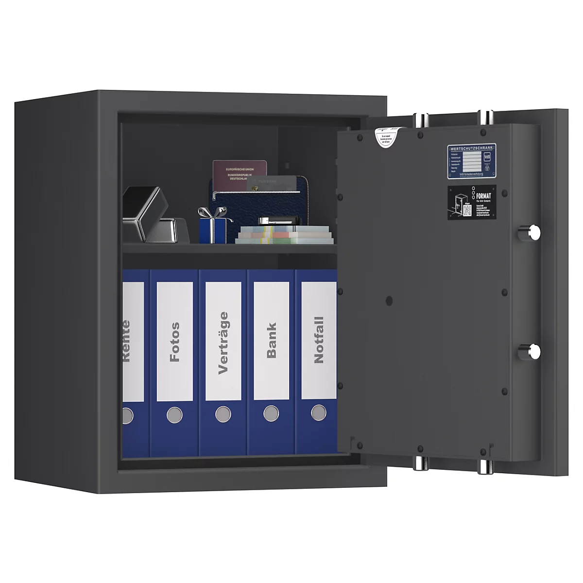 Offener Tresor mit Aktenordnern und Dokumenten. Auf den Ordnern stehen die Begriffe: Rente, Fotos, Verträge, Bank, Notfall.