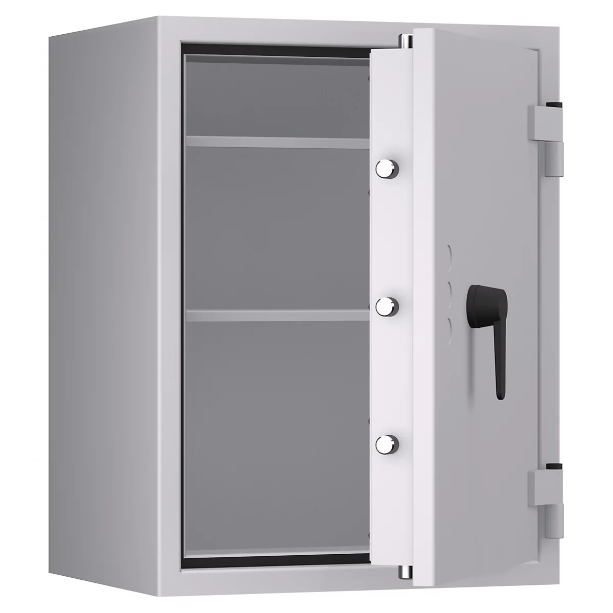 Grauer Tresor, offene Tür, mit Regalböden. Der Griff ist schwarz.