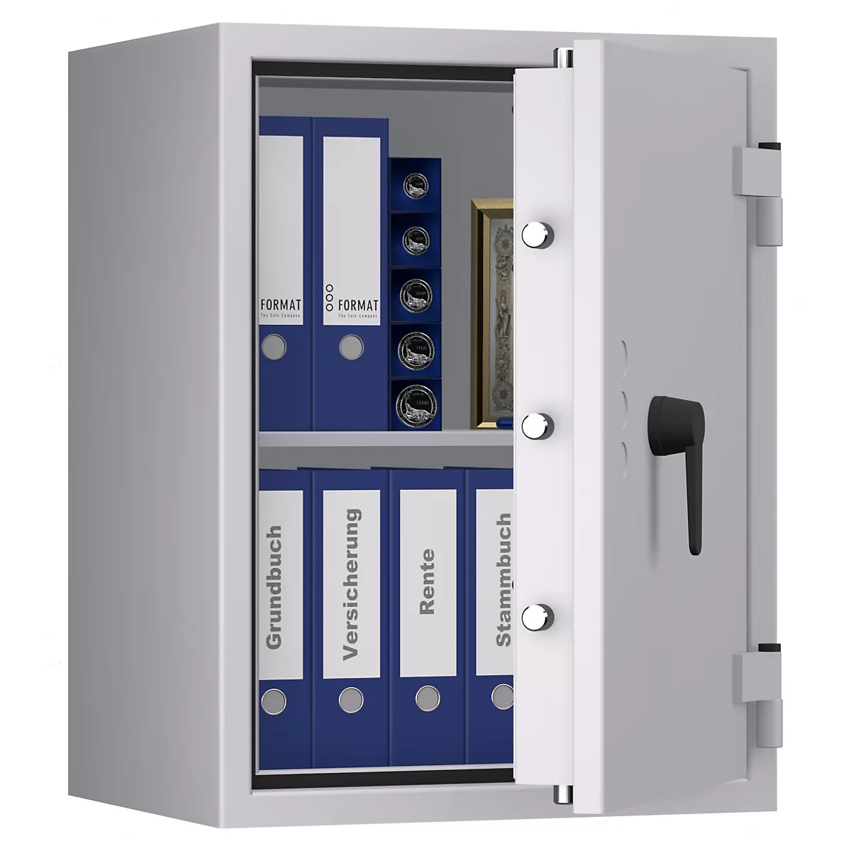 Ein geöffneter Tresor mit Ordnern, das Türschloss ist sichtbar. Beschriftet mit Grundbuch, Versicherung, Rente und Stammbuch.