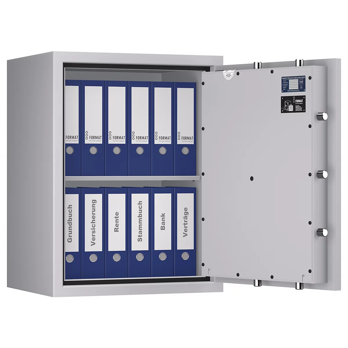 Ein geöffneter Tresor mit blauen Ordnern. Auf den Etiketten steht Grundbuch, Versicherung, Rente, usw.