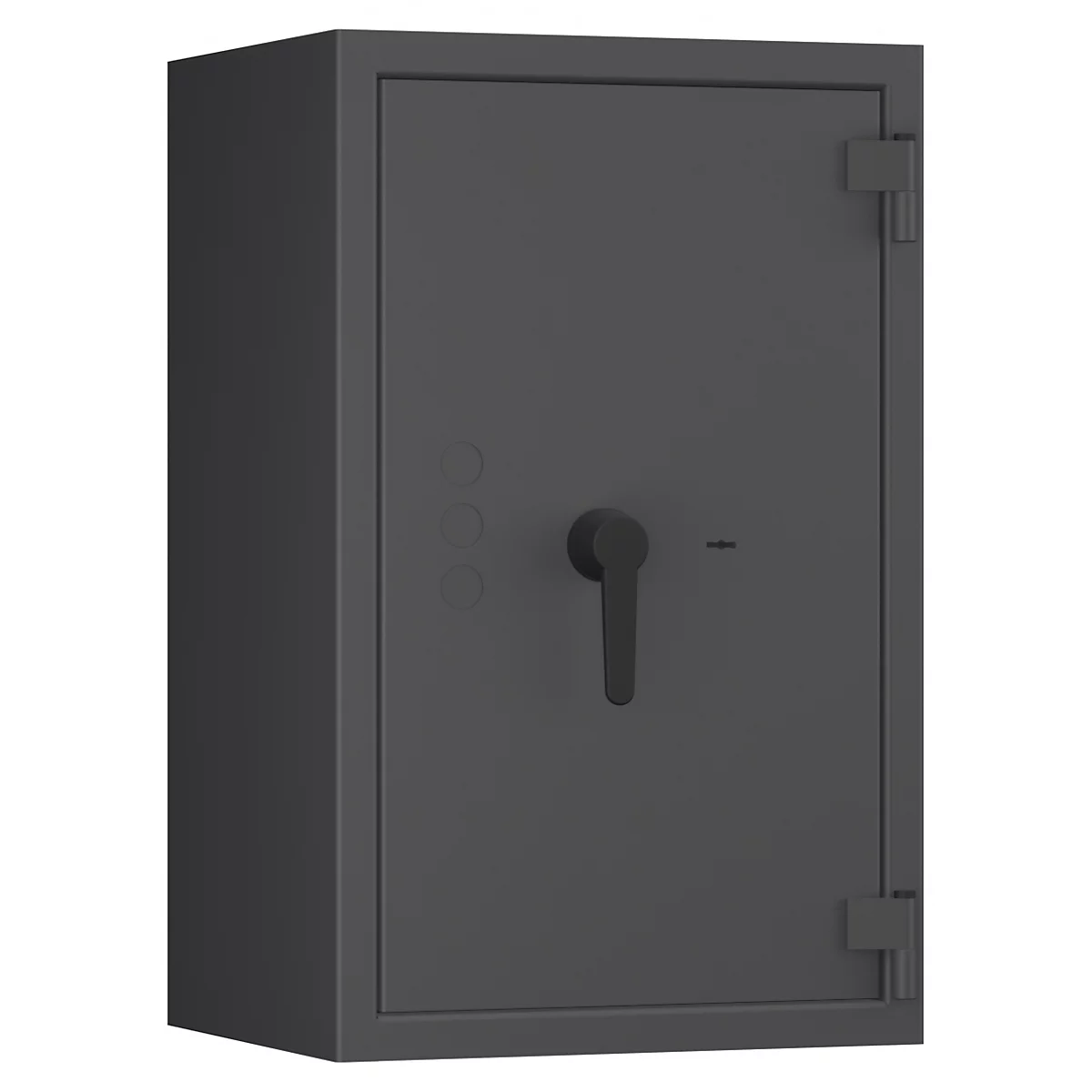 Grauer Tresor vor neutralem Hintergrund. Er hat einen Griff, drei Knöpfe und zwei Scharniere.