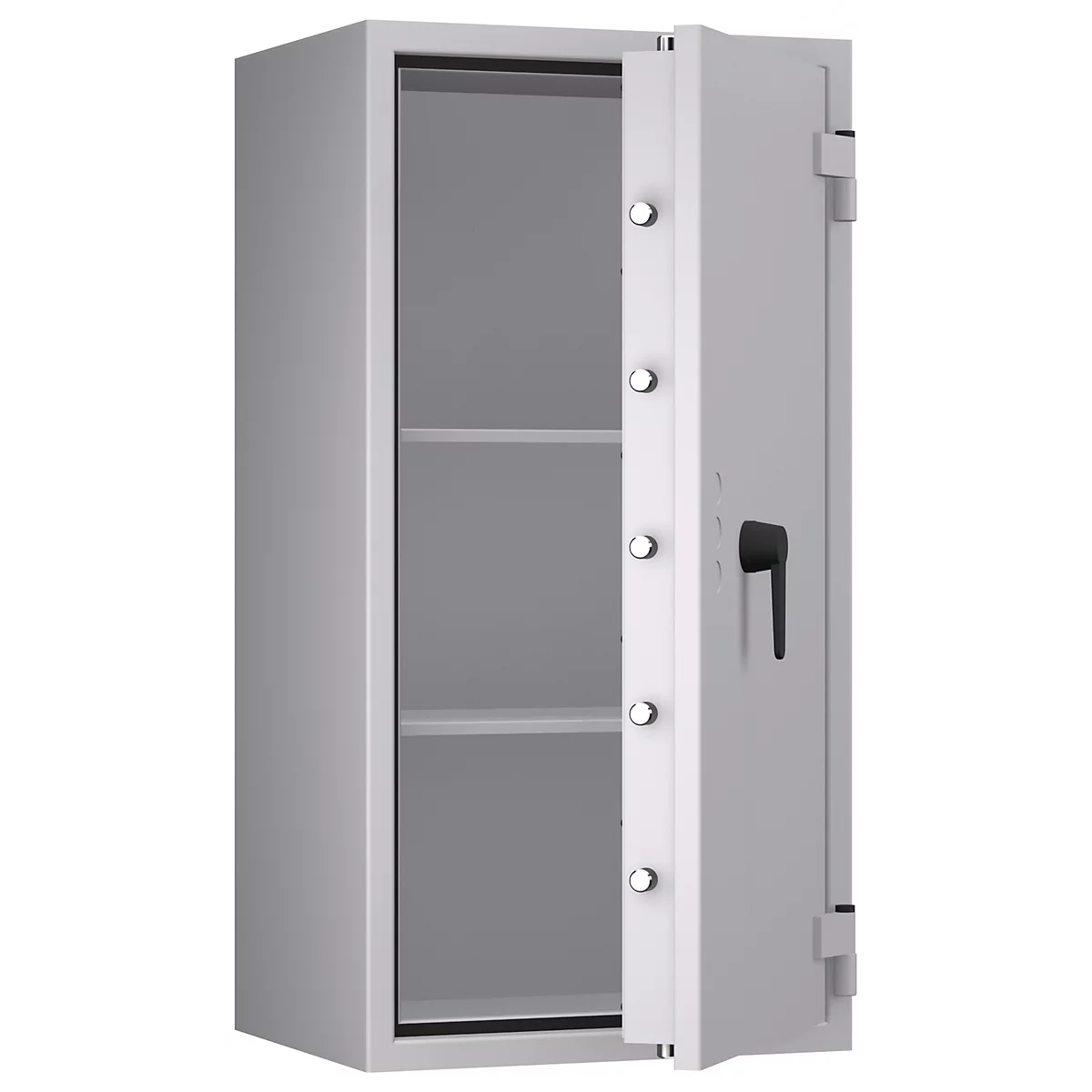 Grauer Tresor, offene Tür, zwei Ablageflächen. Schwarzer Griff und Scharniere.