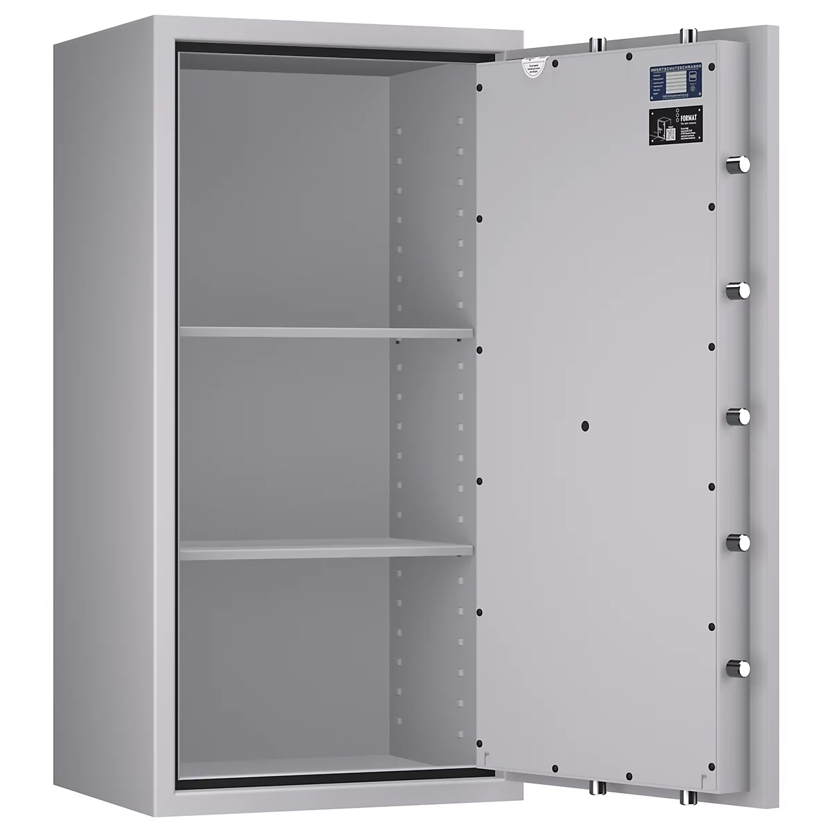 Ein geöffneter, grauer Tresor mit zwei Regalen. Auf der Tür sind ein Bedienfeld und runde Schrauben zu sehen.
