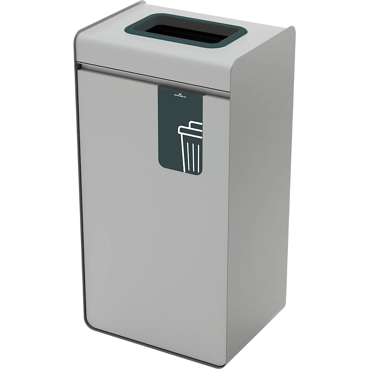 Grafik einer Mülltonne, weiß auf grauem Hintergrund, mit DURABLE-Logo.